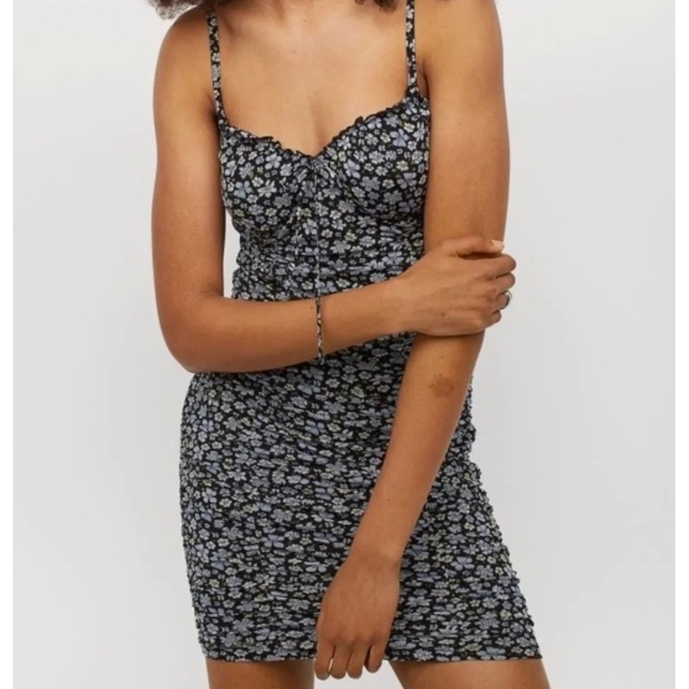 H&M Divided Floral Ruched Bodycon Mini Dress Blue Black Ditsy Print Medium